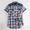 Camicia a maniche corte scozzese in denim patchwork da uomo